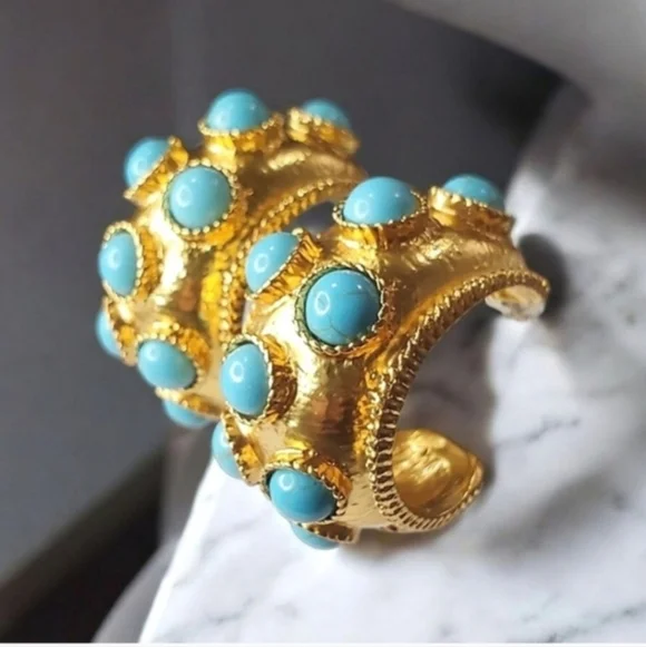 Chunky Oversized Matte Gold Byzantine Turquoise Cabochon Hoop Earrings - Picture 6 of 6